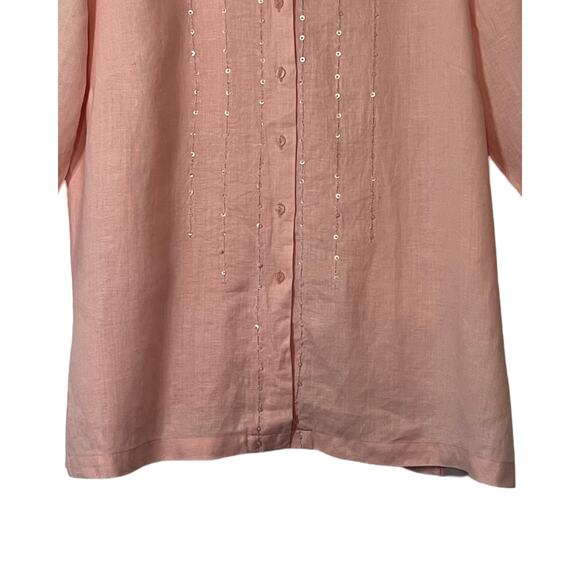 Anne Carson Blouse Womens Size 1X Pink Linen Button Up Front Sequins Side Slits - Picture 4 of 7